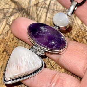 Crystal Pairing of Amethyst, Moonstone & Scolecite Pendant 3”